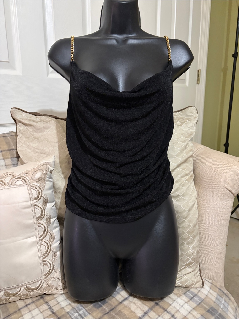 Black Cowl Neck Camisole with Gold Chain Straps - Women